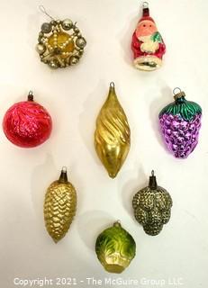 Group of Eight (8) Vintage Mercury Glass Figural Ornaments Including Santa, Fruit and One Beaded Star. 