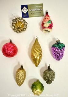 Group of Eight (8) Vintage Mercury Glass Figural Ornaments Including Santa, Fruit and One Beaded Star. 