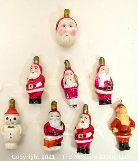 Seven (7) Vintage Glass Hand Painted Santa and Snowman Figural Christmas Light Bulbs and Ornament.