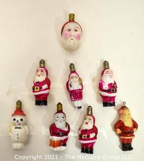 Seven (7) Vintage Glass Hand Painted Santa and Snowman Figural Christmas Light Bulbs and Ornament.