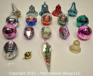 Collection of Jewel Brite Diorama Lantern Lucite Christmas Ornaments & Jewel Tone Plastic Bells, Ball and Lantern Ornaments. 
