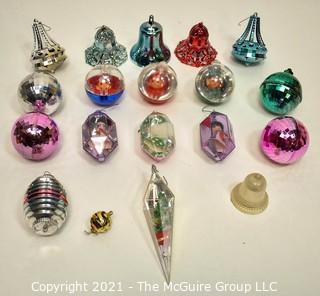 Collection of Jewel Brite Diorama Lantern Lucite Christmas Ornaments & Jewel Tone Plastic Bells, Ball and Lantern Ornaments. 
