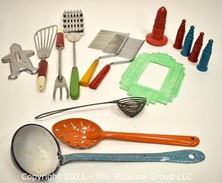 Group of Mid Century Kitchen Items Including Bakelite Handled Utensils, Deco Style Toothpick Dispenser, Atomic Salt & Pepper Shakers and Light Switch Wall Plate. 