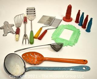 Group of Mid Century Kitchen Items Including Bakelite Handled Utensils, Deco Style Toothpick Dispenser, Atomic Salt & Pepper Shakers and Light Switch Wall Plate. 