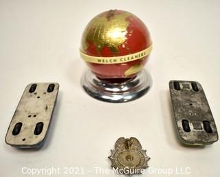 Four (4) Vintage Toys Including Promotional World Globe Bank, Two Litho Tin Friction Toy Cars and Globe Sheriff Badge. 