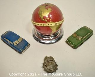 Four (4) Vintage Toys Including Promotional World Globe Bank, Two Litho Tin Friction Toy Cars and Globe Sheriff Badge. 