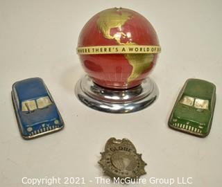 Four (4) Vintage Toys Including Promotional World Globe Bank, Two Litho Tin Friction Toy Cars and Globe Sheriff Badge. 