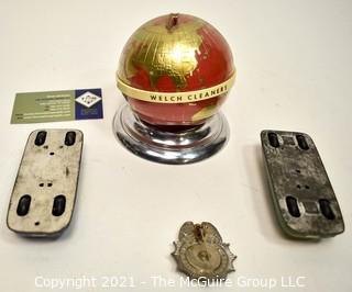 Four (4) Vintage Toys Including Promotional World Globe Bank, Two Litho Tin Friction Toy Cars and Globe Sheriff Badge. 