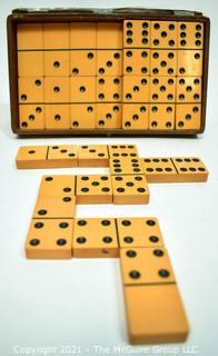 Vintage Set of Butterscotch Caramel Bakelite Dominoes in Vinyl Case *