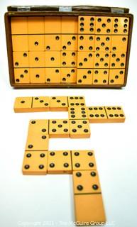 Vintage Set of Butterscotch Caramel Bakelite Dominoes in Vinyl Case *