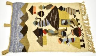 African Hand Woven Wool Wall Hanging or Tapestry of 'Village Life'.  Measures 26"L x 18"W.