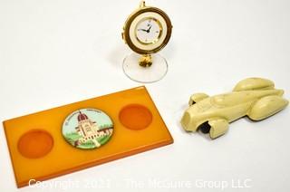 Collection of Art Deco Decorative Items Including Dresser Brush and Hand Mirror Set, One in Butterscotch Bakelite, Chrome Architectural Salvage Piece, Thermos, Toy Car, Ink Stand, and Crystal Globe Clock. 