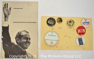 Group of Political and Non Political Buttons and Nixon's Presidential Acceptance Speech.