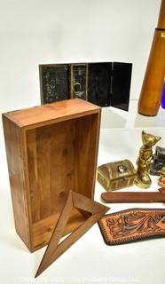 Eclectic Group Including Spy Glass Telescope in Wood Frame, Turkey Candle, Four (4) Vintage Coin Banks, Virginia Brass Fox Bottle Opener, Tin State Puzzle Piece, Blue Glass Decanter, Two Leather Case Tool Cases and Black Metal Bank Box.