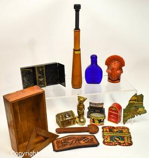 Eclectic Group Including Spy Glass Telescope in Wood Frame, Turkey Candle, Four (4) Vintage Coin Banks, Virginia Brass Fox Bottle Opener, Tin State Puzzle Piece, Blue Glass Decanter, Two Leather Case Tool Cases and Black Metal Bank Box.