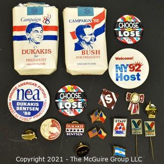 Collection of Political Buttons and Two Single Packs of Dukakis & Bush Cigarettes from 1988 U.S. Presidential Campaign. *