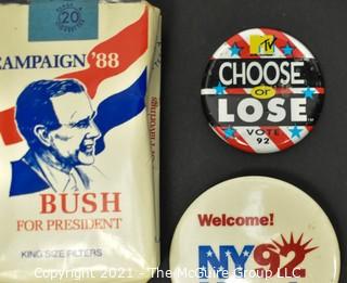 Collection of Political Buttons and Two Single Packs of Dukakis & Bush Cigarettes from 1988 U.S. Presidential Campaign. *