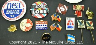 Collection of Political Buttons and Two Single Packs of Dukakis & Bush Cigarettes from 1988 U.S. Presidential Campaign. *