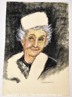 Signed Original Crayon on Paper of Woman in Hat by Mary Meaker. Measures 9" x 13".