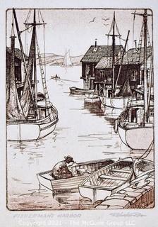 Unframed Black & White Lithograph Entitled Fisherman's Harbor, Signed by Artist.