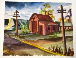 Unsigned Original Watercolor on Paper of Red House with Telephone Poles. Measures 9" x 11"