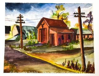 Unsigned Original Watercolor on Paper of Red House with Telephone Poles. Measures 9" x 11"