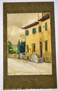 Original Watercolor on Paper of Yellow House, Signed WTR. Measures 8" x 14"