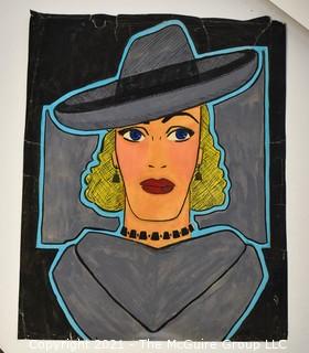 Unsigned but Attributed to AXEL Original Watercolor on Board of Female with Hat.  Measures 12" x 15".