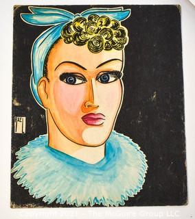 Signed Original Watercolor on Board of Female with Head Scarf by AXEL Measures 12" x 14".