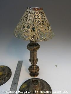 Pair of silverplated candlesticks; with pierced shades (1 is broken as base) 