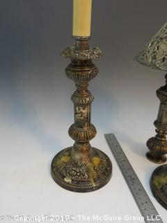 Pair of silverplated candlesticks; with pierced shades (1 is broken as base) 