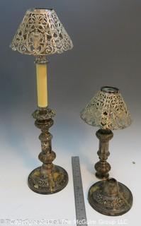 Pair of silverplated candlesticks; with pierced shades (1 is broken as base) 