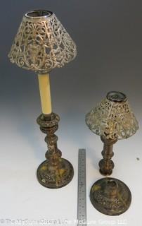 Pair of silverplated candlesticks; with pierced shades (1 is broken as base) 