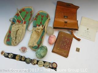 Collection including Native American moccasins, punched leather purses, marble eggs, White House invitation from Mrs. Woodrow Wilson and assorted vintage political buttons  