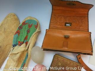 Collection including Native American moccasins, punched leather purses, marble eggs, White House invitation from Mrs. Woodrow Wilson and assorted vintage political buttons  