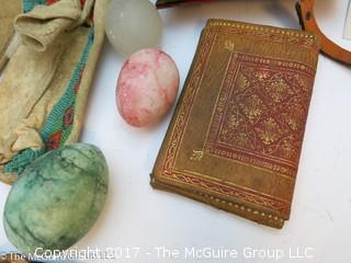 Collection including Native American moccasins, punched leather purses, marble eggs, White House invitation from Mrs. Woodrow Wilson and assorted vintage political buttons  