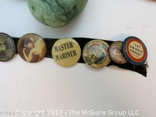 Collection including Native American moccasins, punched leather purses, marble eggs, White House invitation from Mrs. Woodrow Wilson and assorted vintage political buttons  