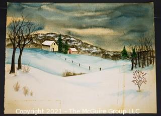 Unsigned Original Watercolor on Paper of Stormy Sky with Snow.   Measures 15" x 20".  Some staining.