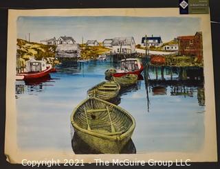 Unsigned Original Pen & Watercolor on Paper of Harbor Scene.   Measures 18" x 24".