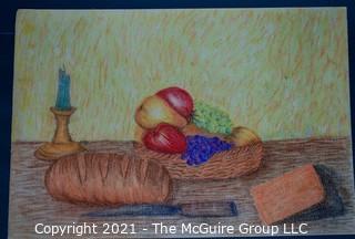 Unsigned Original Crayon on Paper of Still Life with Bread and Cheese.   Measures 15" x 22".