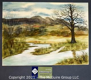 Unsigned Original Watercolor on Paper of Stream in Winter.   Measures 11" x 15".