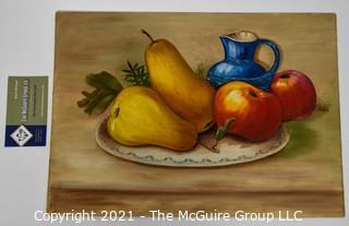 Unsigned Original Oil on Board of Still Life of Fruit with Blue Jug.  Measures 10" x 14".