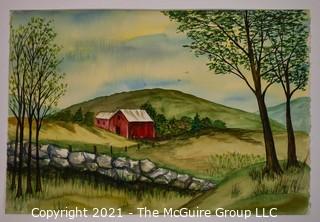 Unsigned Original Watercolor on Paper of Farm on Hill.  Measures 12" x 18".