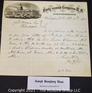 1872 Handwritten and signed note from Congressman Joseph Henry Sloss