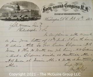 1872 Handwritten and signed note from Congressman Joseph Henry Sloss