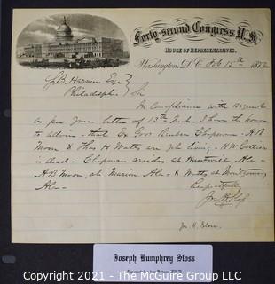 1872 Handwritten and signed note from Congressman Joseph Henry Sloss