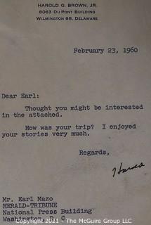 1960 Signed letter from Harold E. Brown Jr., future Secretary of Defense, to Earl Mazo, then journalist for the Herald Tribune. 