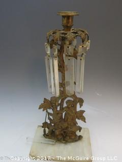 Gilt Boys with Dog Figural Girandoles on Marble Base with hanging prisms! (Note: missing one prism)