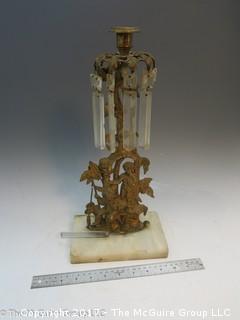 Gilt Boys with Dog Figural Girandoles on Marble Base with hanging prisms! (Note: missing one prism)