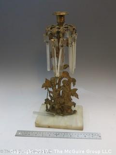 Gilt Boys with Dog Figural Girandoles on Marble Base with hanging prisms! (Note: missing one prism)